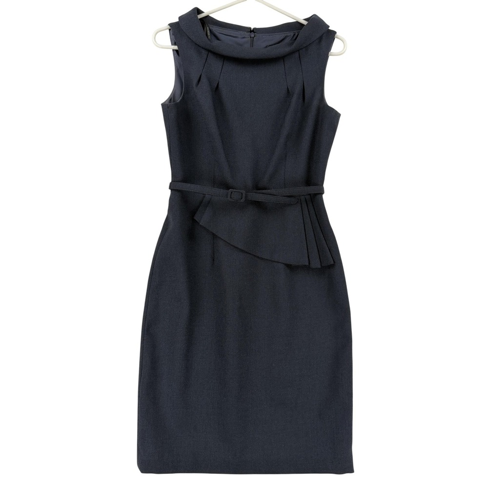 David Meister Dress Womens 4 Blue Cowl Neck Belted Sheath Sleeveless Knee Length